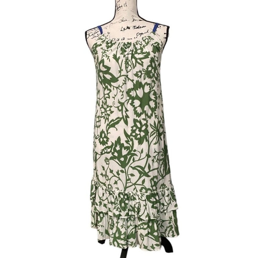 Gap Green White Graphic Floral Tiered Ruffle Midi Sundress Sz M Spaghetti Strap
